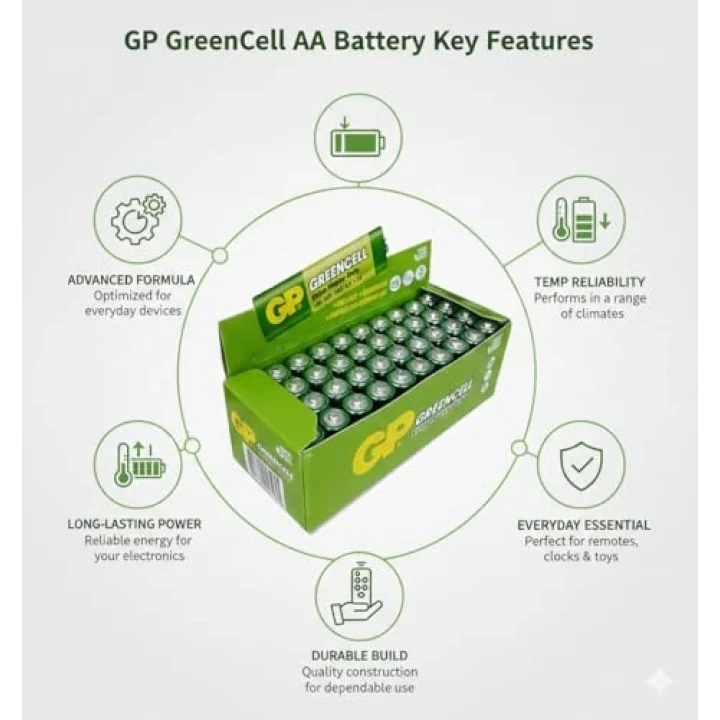 Batteries GP15G Greencell R6P/1215/AA Kalem Pil, 1.5 Volt, 40lı Kutu, Yeşil/Sarı/Beyaz