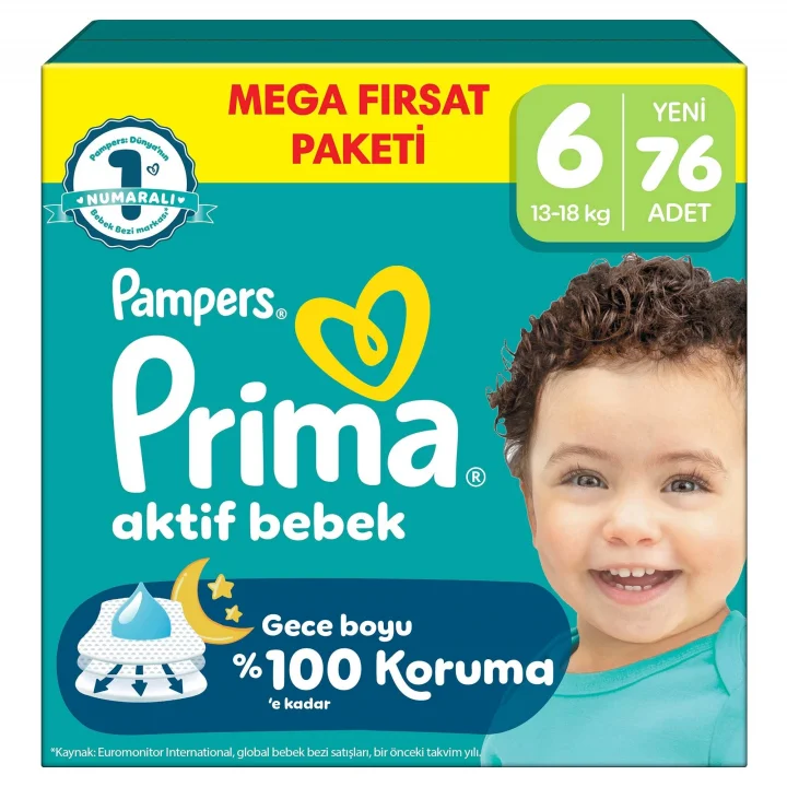 Bebek Bezi Aktif Bebek Mega Fırsat Paketi 6 Beden 76 Adet