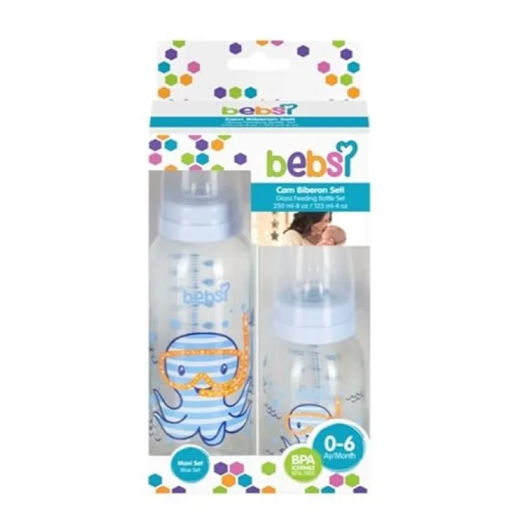 Bebsi Cam Biberon Seti, 250ml + 125ml, Mavi