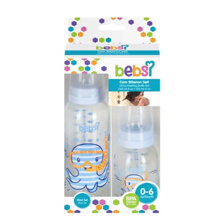 Bebsi Cam Biberon Seti, 250ml + 125ml, Mavi