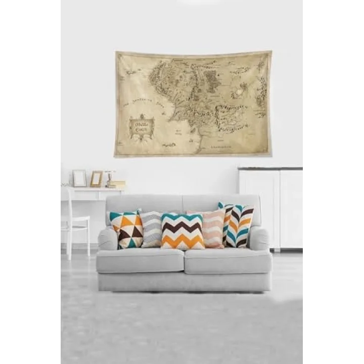 Bej Middle Earth Orta Dünya Haritası Leke Tutmaz Kadife Kumaş Duvar Örtüsü Duvar Halısı Tapestry YWLL389, 140 x 230