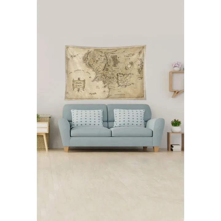 Bej Middle Earth Orta Dünya Haritası Leke Tutmaz Kadife Kumaş Duvar Örtüsü Duvar Halısı Tapestry YWLL389, 140 x 230