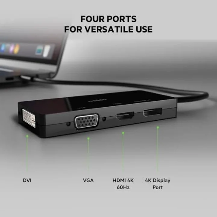 Belkin Multiport USB-C Adaptörü (VGA, DVI, 4K HDMI, 4K DisplayPort özellikli USB-C Video Adaptörü), USB-C Dizüstü Bilgisayarınızı Herhangi Bir Ekrana Bağlayın