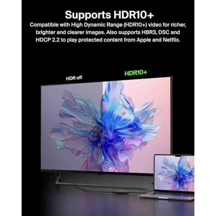 Belkin USB-C - HDMI 2.1 adaptörü, 11 cm kablo, 60 Hzde 8K, 120 Hzde 4K, HDR, HBR3, DSC, HDCP 2.2, USB-IF, MacBook, iPad Pro gibi USB-C cihazlar için