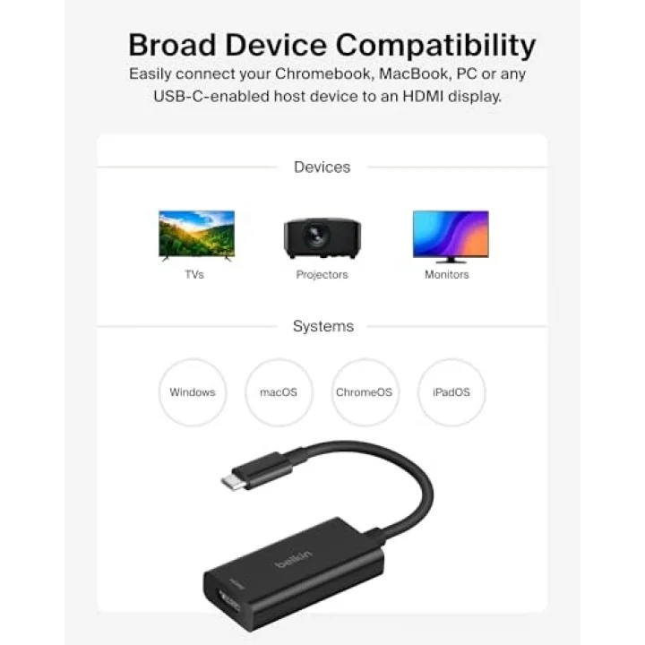 Belkin USB-C - HDMI 2.1 adaptörü, 11 cm kablo, 60 Hzde 8K, 120 Hzde 4K, HDR, HBR3, DSC, HDCP 2.2, USB-IF, MacBook, iPad Pro gibi USB-C cihazlar için