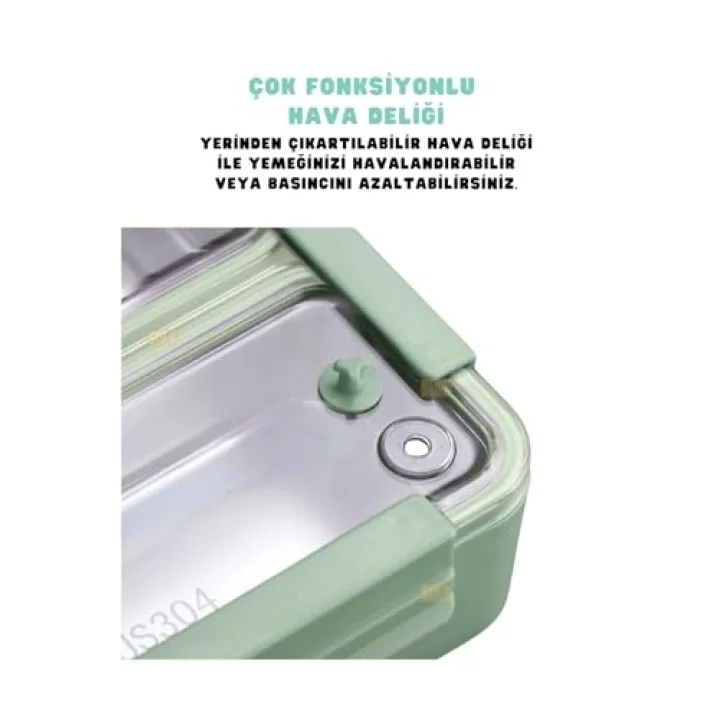 Bento 1100ml Lunchbox Tek Katlı 2 Bölmeli Paslanmaz Çelik Sefer Tası Yemek Kutusu (Yeşil)
