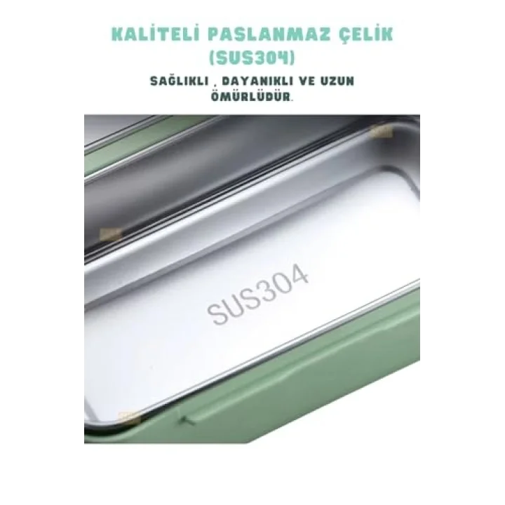 Bento 1100ml Lunchbox Tek Katlı 2 Bölmeli Paslanmaz Çelik Sefer Tası Yemek Kutusu (Yeşil)