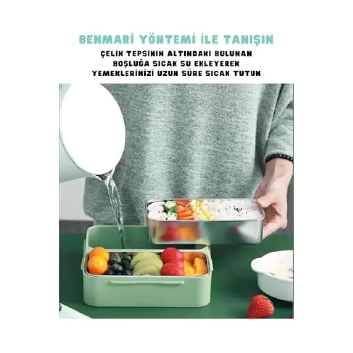 Bento 1100ml Lunchbox Tek Katlı 2 Bölmeli Paslanmaz Çelik Sefer Tası Yemek Kutusu (Yeşil)