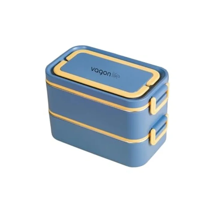 Bento 2000ml Lunchbox 2 Katlı 3 Bölmeli Mini Kaseli Çelik Sefer Tası Yemek Kutusu (Lacivert-Sarı)