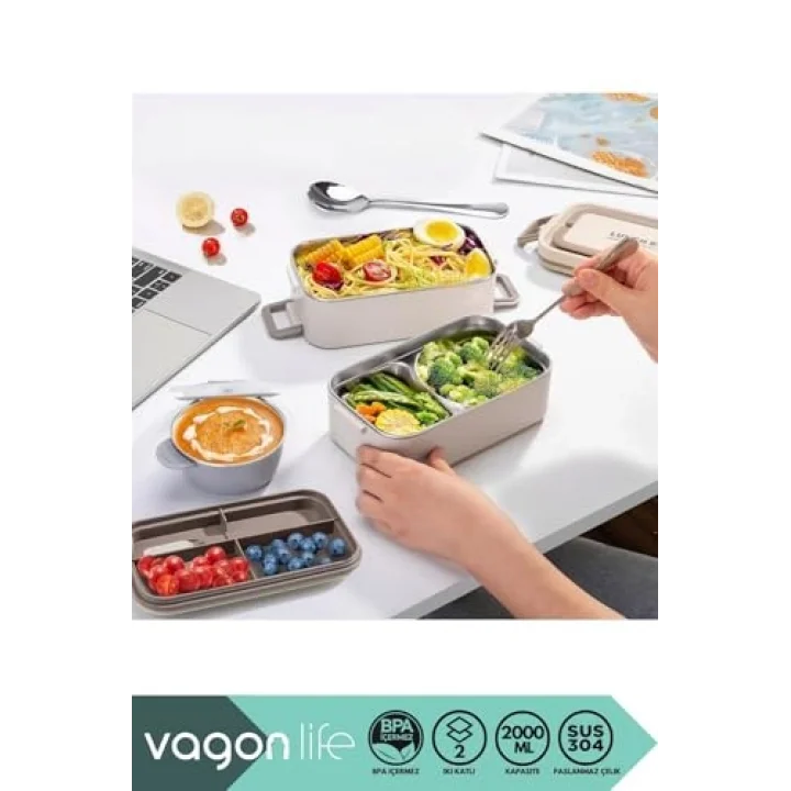 Bento 2000ml Lunchbox 2 Katlı 3 Bölmeli Mini Kaseli Çelik Sefer Tası Yemek Kutusu (Lacivert-Sarı)