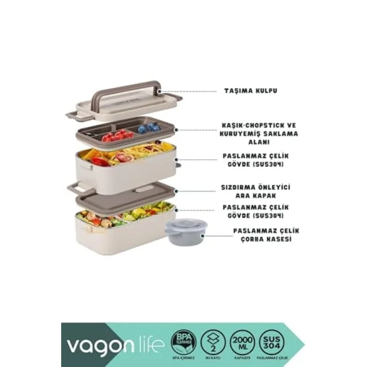 Bento 2000ml Lunchbox 2 Katlı 3 Bölmeli Mini Kaseli Çelik Sefer Tası Yemek Kutusu (Lacivert-Sarı)