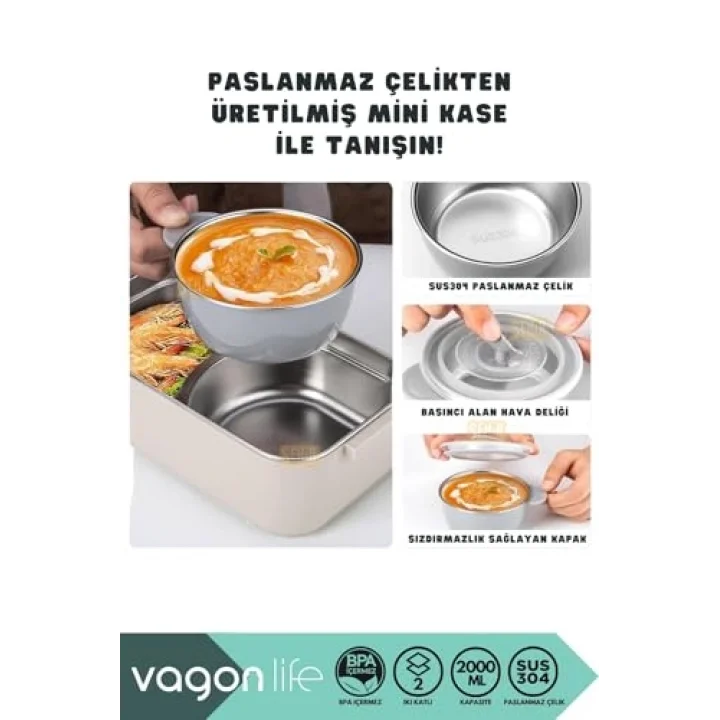 Bento 2000ml Lunchbox 2 Katlı 3 Bölmeli Mini Kaseli Çelik Sefer Tası Yemek Kutusu (Lacivert-Sarı)