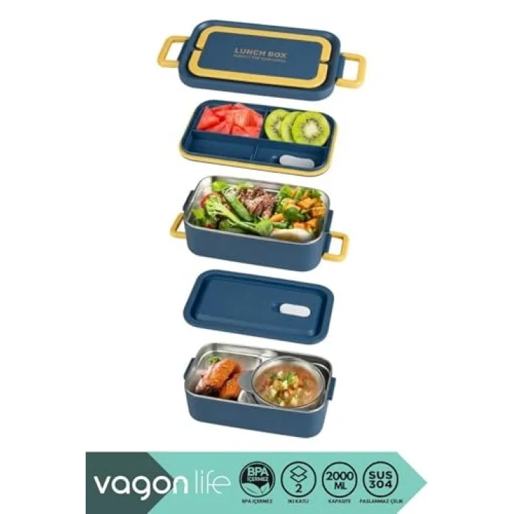 Bento 2000ml Lunchbox 2 Katlı 3 Bölmeli Mini Kaseli Çelik Sefer Tası Yemek Kutusu (Lacivert-Sarı)