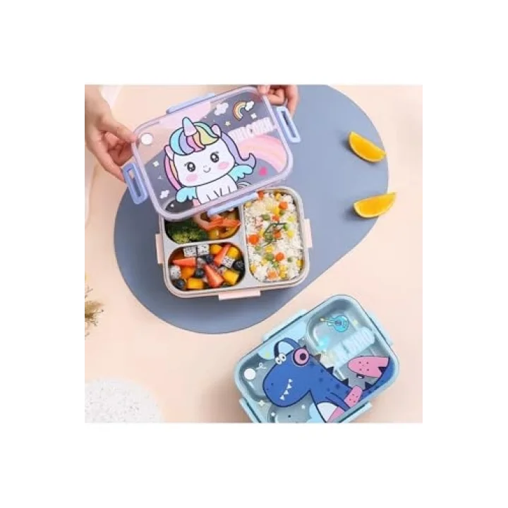 Bento 750ml Lunchbox Sevimli Dostlar Tek Katlı 3 Bölmeli Paslanmaz Çelik Sefer Tası Yemek Kutusu (Pembe Unicorn)