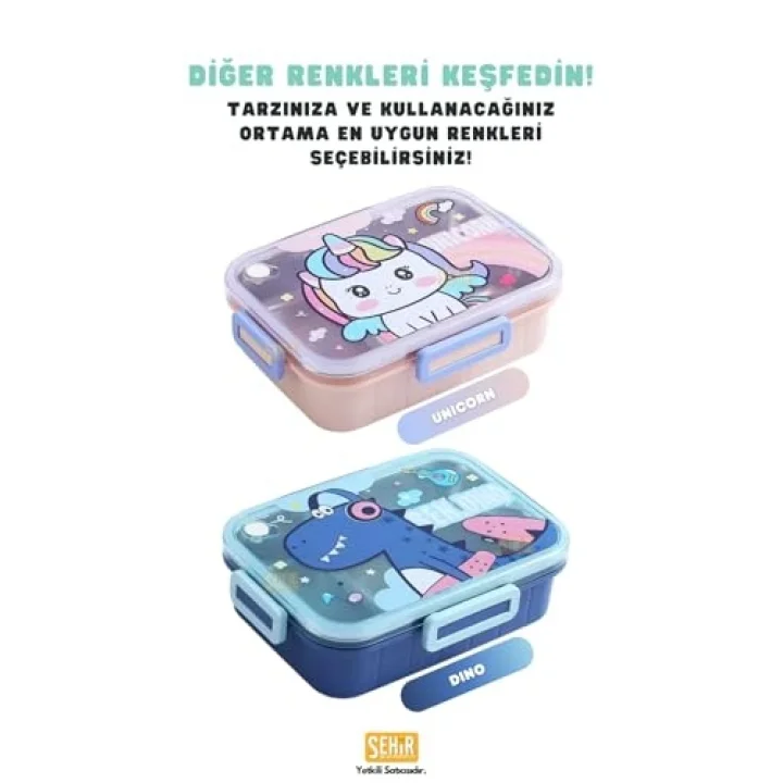 Bento 750ml Lunchbox Sevimli Dostlar Tek Katlı 3 Bölmeli Paslanmaz Çelik Sefer Tası Yemek Kutusu (Pembe Unicorn)
