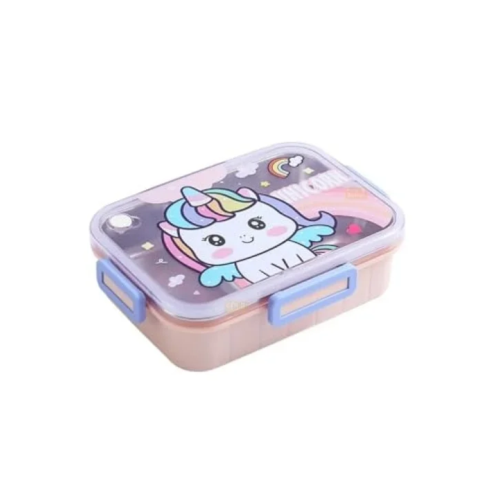 Bento 750ml Lunchbox Sevimli Dostlar Tek Katlı 3 Bölmeli Paslanmaz Çelik Sefer Tası Yemek Kutusu (Pembe Unicorn)