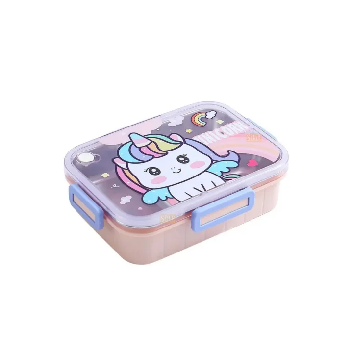 Bento 750ml Lunchbox Sevimli Dostlar Tek Katlı 3 Bölmeli Paslanmaz Çelik Sefer Tası Yemek Kutusu (Pembe Unicorn)