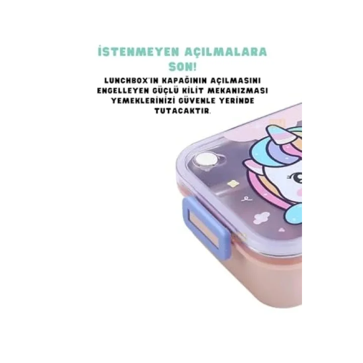 Bento 750ml Lunchbox Sevimli Dostlar Tek Katlı 3 Bölmeli Paslanmaz Çelik Sefer Tası Yemek Kutusu (Pembe Unicorn)