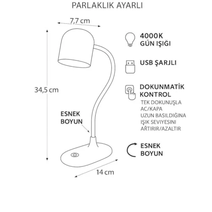 Berlin Şarjlı Dokunmatik Masa Lambası – 4000K Gün Işığı, Parlaklık Ayarlı, USB Şarjlı, Esnek Boyunlu LED Okuma ve Çalışma Lambası (Siyah)