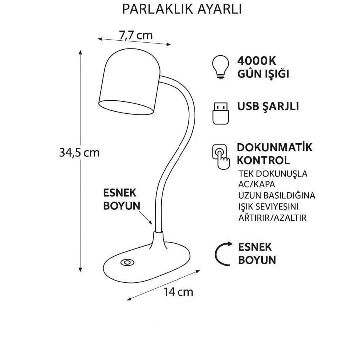 Berlin Şarjlı Dokunmatik Masa Lambası – 4000K Gün Işığı, Parlaklık Ayarlı, USB Şarjlı, Esnek Boyunlu LED Okuma ve Çalışma Lambası (Siyah)