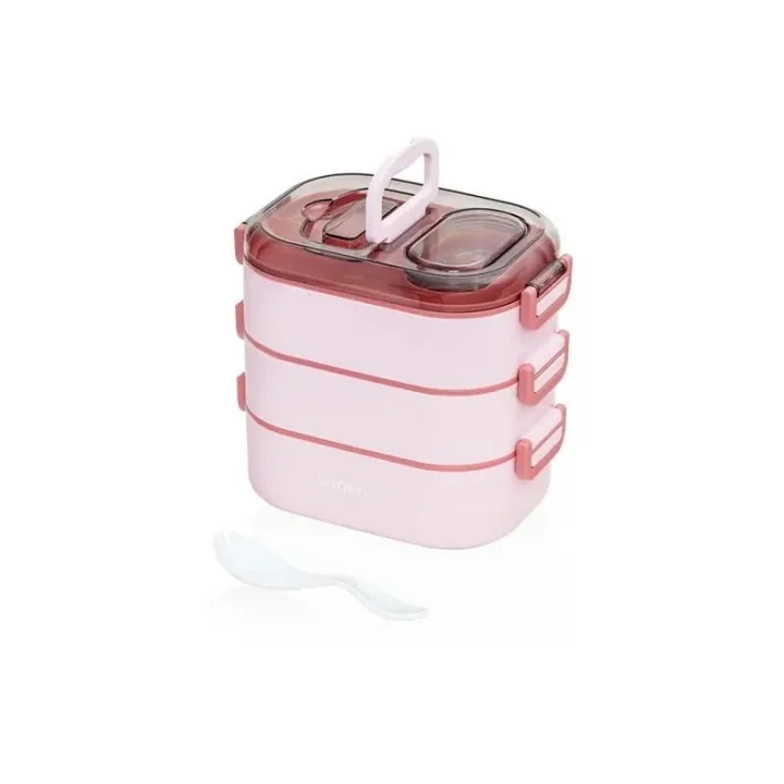 Beslenme Kutusu 3 Katlı Paslanmaz Çelik - 1450ml Yeni Nesil Sefer Tası (Pembe)
