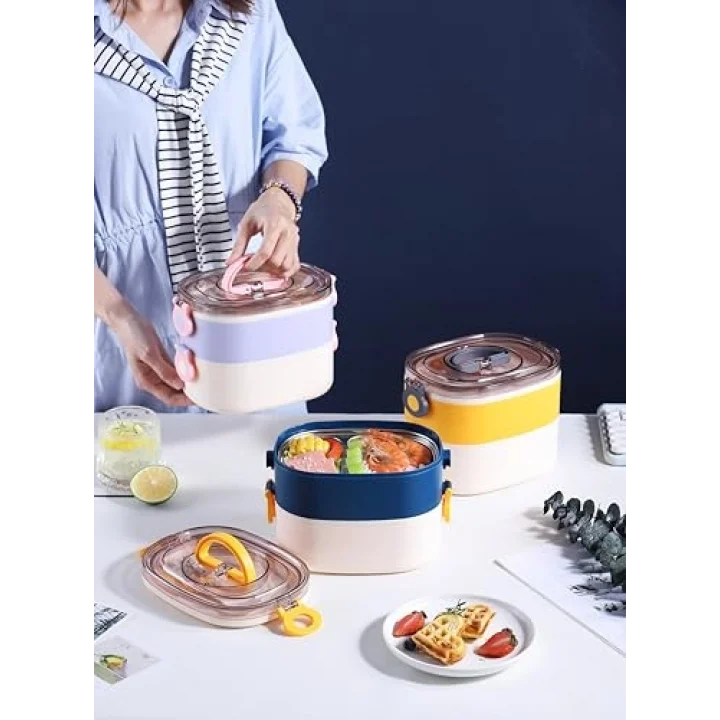 Beslenme Kutusu İki Katlı - Paslanmaz Çelik - 1900ml Yeni Nesil Beslenme Kabı Lunch Box (Mavi)