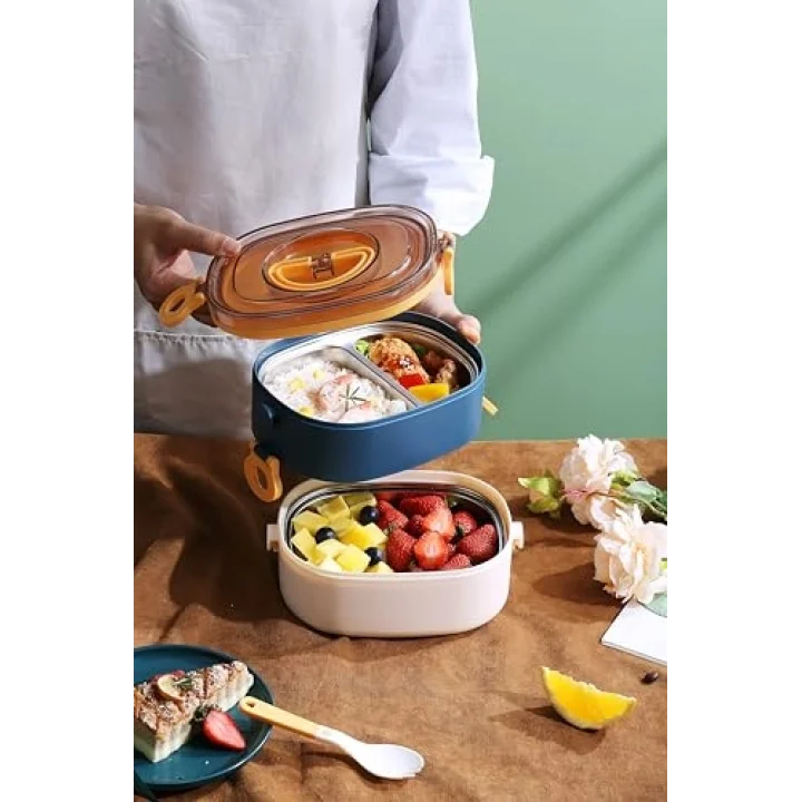 Beslenme Kutusu İki Katlı - Paslanmaz Çelik - 1900ml Yeni Nesil Beslenme Kabı Lunch Box (Mavi)