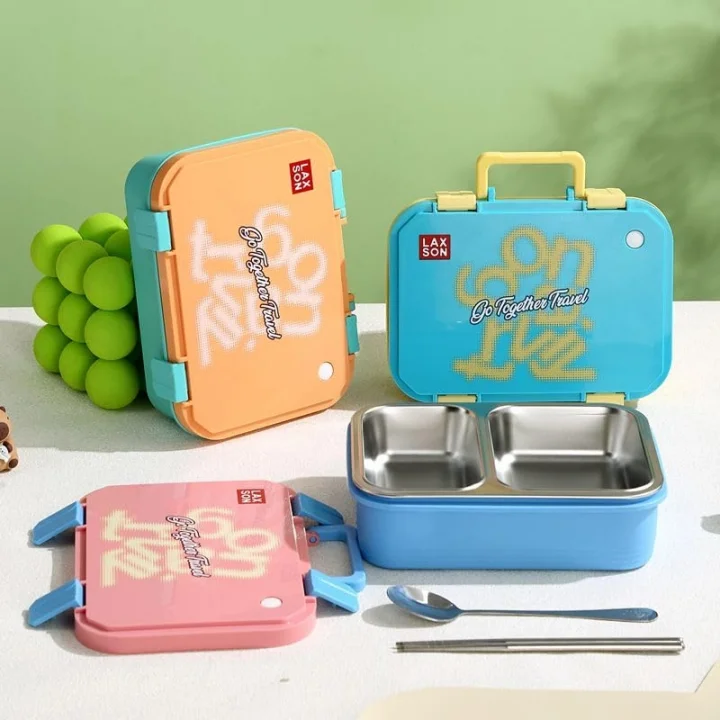Beslenme Kutusu Paslanmaz Çelik - 700 ml 2 Bölmeli Taşıma Kulplu Çocuk Beslenme Kabı (Turuncu)