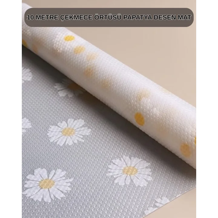 Mey İthalat® 10 Metre Papatya Desenli Kaymaz Çok Amaçlı Dolap İçi Örtü