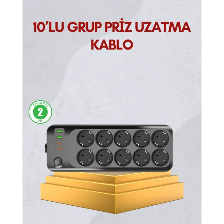 Mey İthalat® 10 Prizli Uzatma Kablosu Termal Koruma USB Type-C Hızlı Şarj 2500W