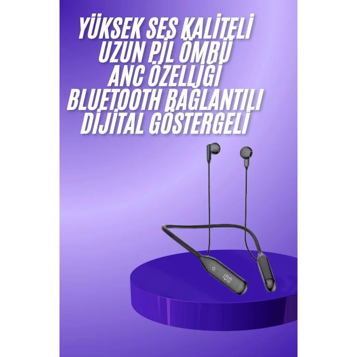 Mey İthalat® 100 Saat Kablolu Boyun Askılı Dijital Göstergeli Bluetooth Kulaklığı