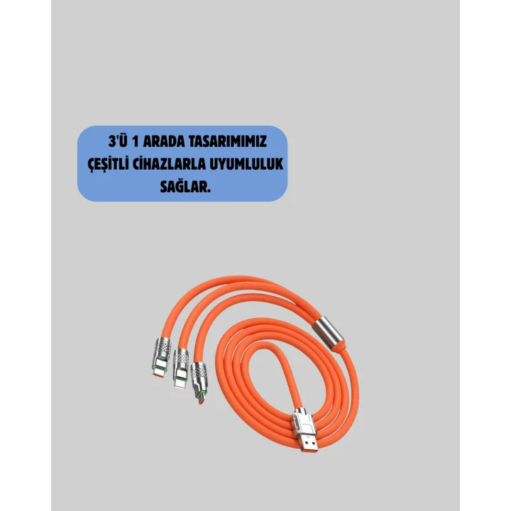 Mey İthalat® 120W Şarj Destekli 3’ü 1 Arada Çoklu Şarj Kablosu – 1.2 Metre