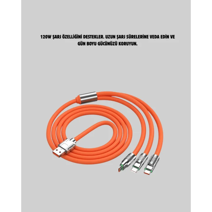 Mey İthalat® 120W Şarj Destekli 3’ü 1 Arada Çoklu Şarj Kablosu – 1.2 Metre