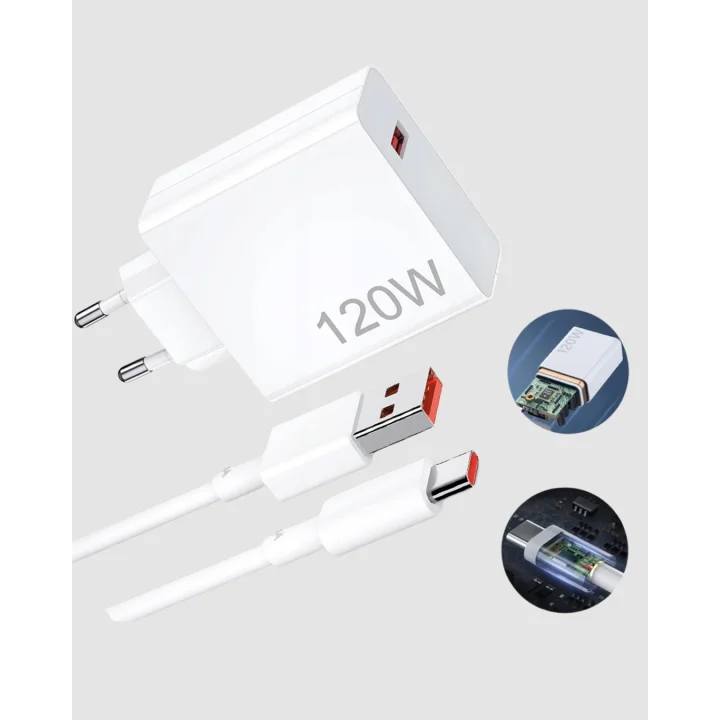 Mey İthalat® 120W Süper Hızlı Şarj Adaptörü – Type-C Kablo Dahil, Yüksek Voltaj Korumalı