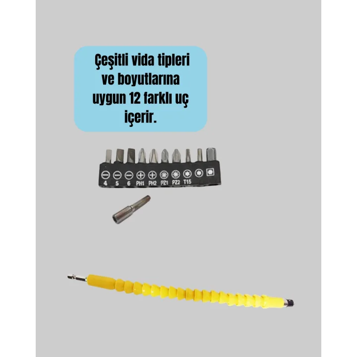 Mey İthalat® 12’li Akrobat Bits Vidalama Seti Esnek Uç Çok Yönlü Kullanım