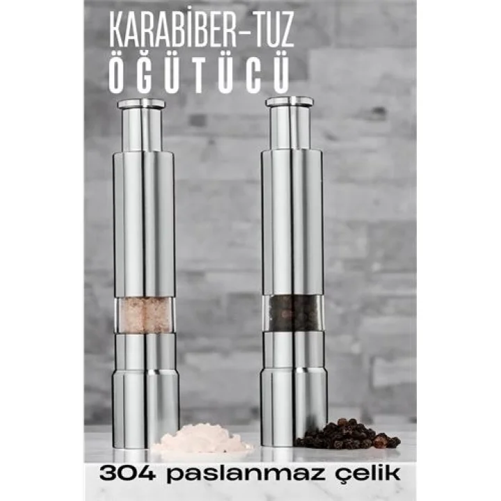 Mey İthalat® 2li Karabiber Tuz Öğütücü Profesyonel 304 Paslanmaz Çelik Manuel Baharat Değirmeni 720252