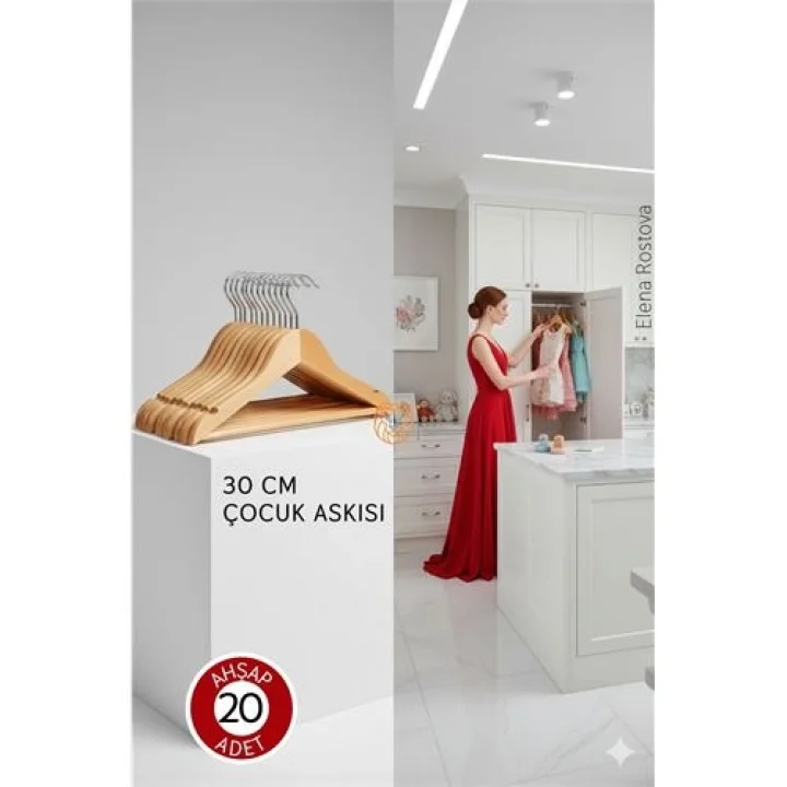 Mey İthalat® 20li Lüks Masif Ahşap Çocuk Askı Seti - Elena Rostova Stil Seçkisi - 30 cm