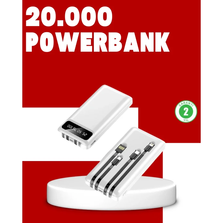 Mey İthalat® 20.000mAh PD Powerbank LED Işık LCD Ekran Dahili Kablo Çoklu Giriş