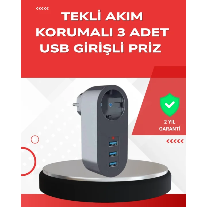 Mey İthalat® 2500W Güç Destekli Akım Korumalı Priz – 3 USB Çıkışlı