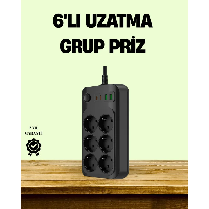 Mey İthalat® 2500W Güçlü 6’lı Priz USB ve Type-C Çıkışlı Termal Korumalı