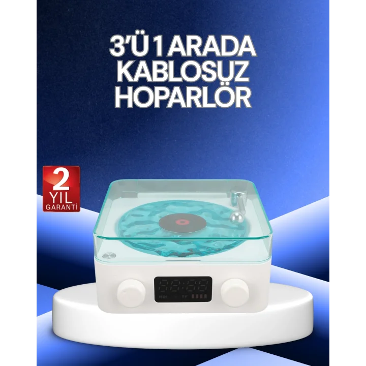 Mey İthalat® 3-1 Kablosuz Bluetooth Hoparlör – Gece Lambalı, Saatli, Retro Tasarım