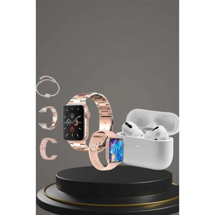 Mey İthalat® 3 Kordonlu Pembe Amoled Ekran Akıllı Saat ve Yeni Nesil Pro Kablosuz Bluetooth Kulaklık ANC/ENC