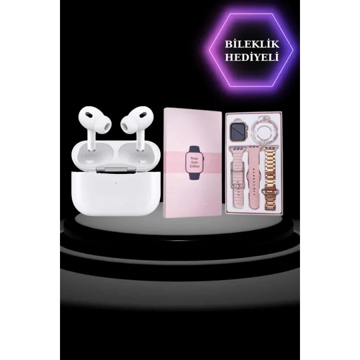 Mey İthalat® 3 Kordonlu Pembe Amoled Ekran Akıllı Saat ve Yeni Nesil Pro Kablosuz Bluetooth Kulaklık ANC/ENC