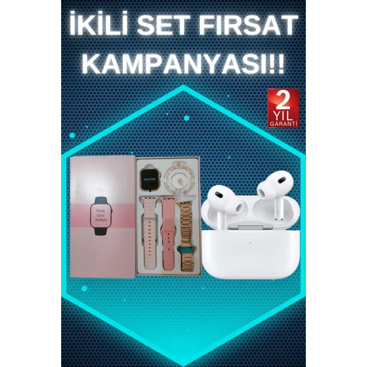 Mey İthalat® 3 Kordonlu Pembe Amoled Ekran Akıllı Saat ve Yeni Nesil Pro Kablosuz Bluetooth Kulaklık ANC/ENC