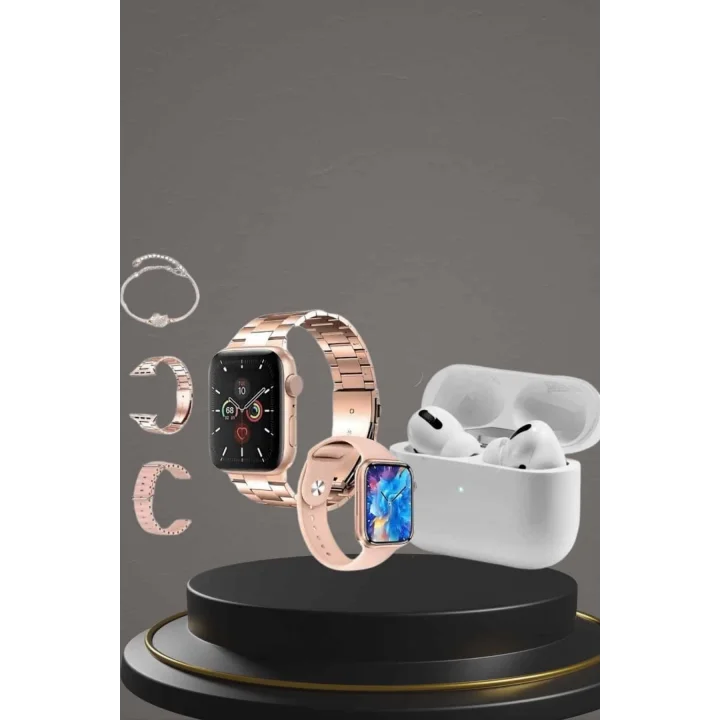 Mey İthalat® 3 Kordonlu Pembe Amoled Ekran Akıllı Saat ve Yeni Nesil Pro Kablosuz Bluetooth Kulaklık ANC/ENC