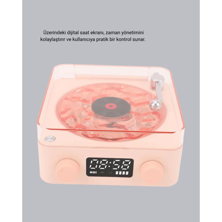 Mey İthalat® 3-ü-1 Gece Işığı Bluetooth Hoparlör ve Dijital Saat Vintage Plak Çalar Tasarımlı
