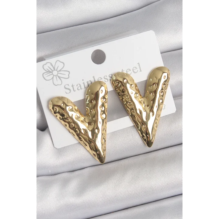 Mey İthalat® 316 Çelik Gold Renk İşlemeli Kalp Model Kadın Küpe