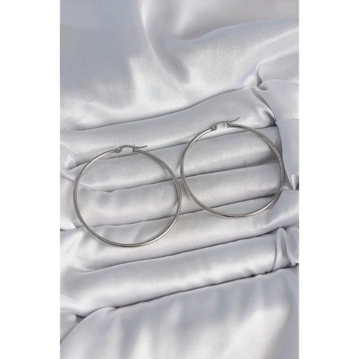 Mey İthalat® 316 Çelik Gümüş Renk 53 mm Halka Model Kadın Küpe