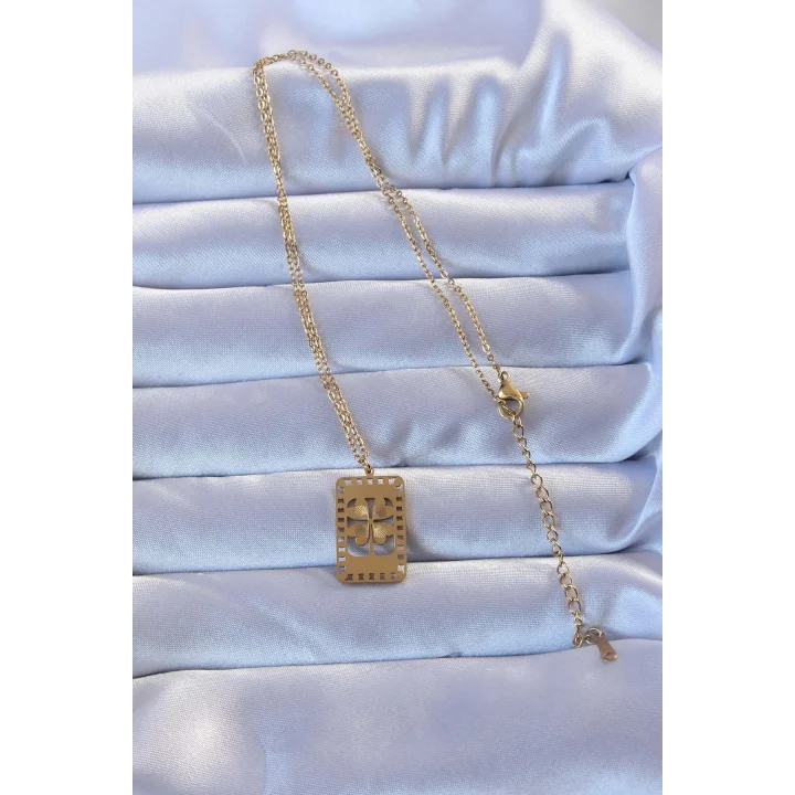 Mey İthalat® 316L Altın Renk İşlemeli Yonca Model Vintage Kolye