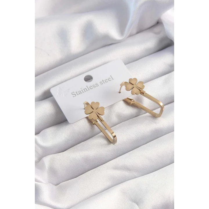 Mey İthalat® 316L Çelik Altın Renk Geometrik Yonca Model Küpe